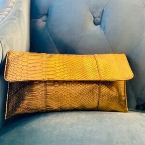 Jessica McClintock Gold Faux Crocodile Clutch Shoulder Bag